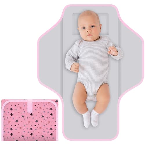 CUXFLS Baby Portable Diaper Changing Pad, Foldable Travel Diapering Changing Mat with Built-in Pillow, Waterproof Compact Changing Pad for Newborn Baby Changing Station, Infant Gift(Pink Star)