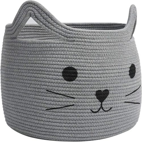 Large Woven Cotton Rope Storage Basket, Baby Laundry Basket Organizer for Towels, Blanket, Toys, Clothes, Gifts | Pet Gift Baskets for Cat, Dog - 15.7" L×11.8" H, Gray