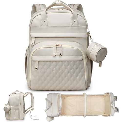 Leather Diaper Bags with Changing Station,Baby Bag,Large Capacity Diaper Bag Backpack for Moms Dads,Waterproof Diaper Backpack(Beige)