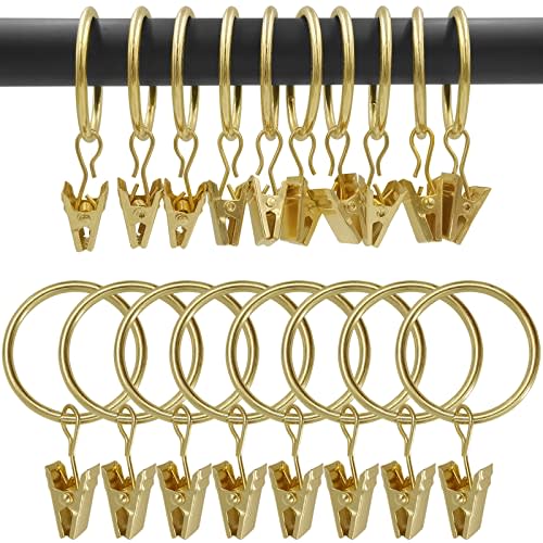 WeeksEight 100 Pack Gold Curtain Rings with Clips, Curtain Hooks Hangers Clip Rings for Hanging Drapes Bows Hat, Drapery Rings 1.26 in I D, Fits up to 1 in Diameter Curtain Rod.