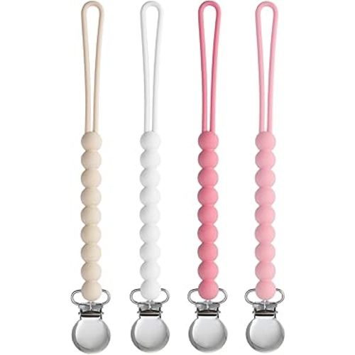 Pacifier Clip for Boys Girls - MORIBOX 4 Pack Paci Clip Soothie Baby Binky Holder for Shower Gift Birthday (Beige+White+Pink+Dpink)