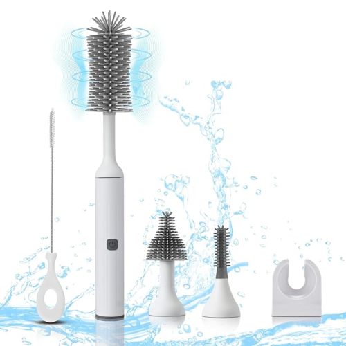 WHNL Electric Baby Bottle Brush Set with Rechargeable Electric Bottle Brush Cleaner and Replaceable Silicone Bottle Brushes and Straw Brush Cleaner, Waterproof Multi-Purpose Cleaning Brush (White)