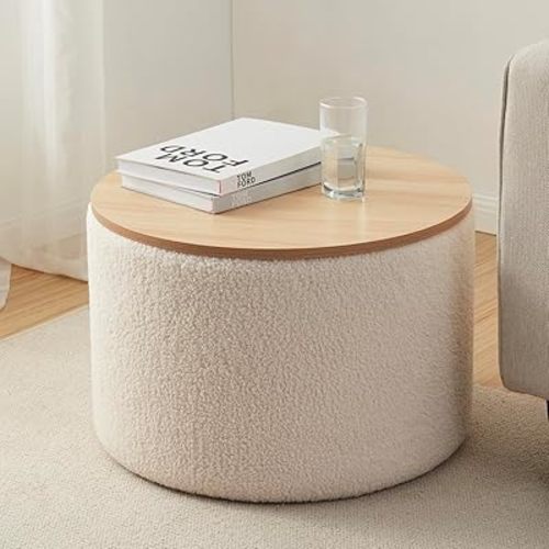 Ornavo Home 22 inch Large Round Ottoman Coffee Table Storage Ottoman with Wooden Lift Off Lid, Ottoman with Storage for Living Room, Bedroom and Office, Boucle White