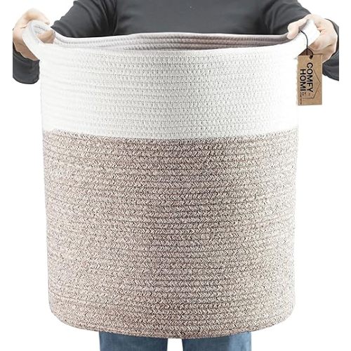 COMFY-HOMI XXL Large Laundry Basket with Handles Blanket Baskets Living Room|Woven Cotton Rope Decorative Basket Laundry Hamper Baby Basket Nursery Dog Toy Storage Organizer Bin-16”x18”-White Brown
