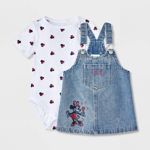Baby Girls' 2pc Disney Minnie Mouse Americana Short Sleeve Bodysuit and Denim Overalls Dress Set - Blue 12M