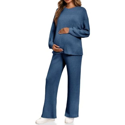 Yousify Womens Maternity Pajamas Sets 2 Piece Outfits Ribbed Knit Long Sleeve Tops Pants Loungewear Mama Clothes