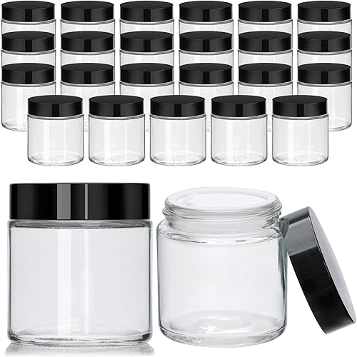 Encheng 12Pack of 4 oz Clear Round Glass Jars, with Inner Liners and black Lids,Empty Cosmetic Containers,Cream jars