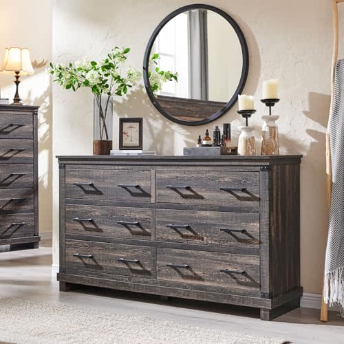T4TREAM Farmhouse 6 Drawers Dresser for Bedroom, 54" Wide Wood Chest of Drawers w/Natural Texture & Metal Handle, Rustic Storage Dressers Organizer for Living Room, Hallway, Dark Rustic Oak