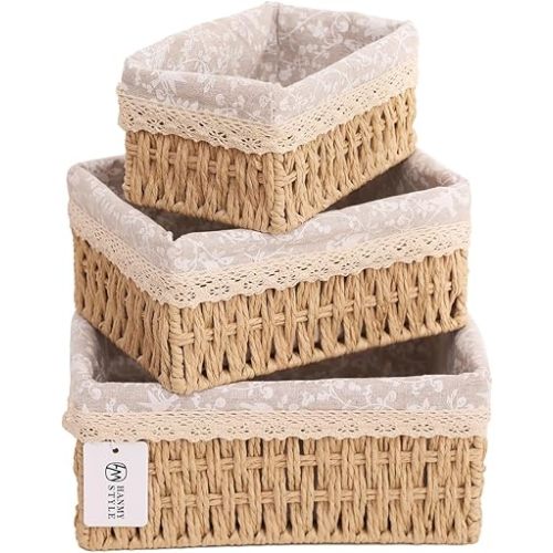 Small Paper Storage Baskets - Eco-Friendly Nesting Organizers with Removable Liners, Handmade Recycled Rope Bins for Bathroom Desk Shelf Makeup Organization Set of 3
