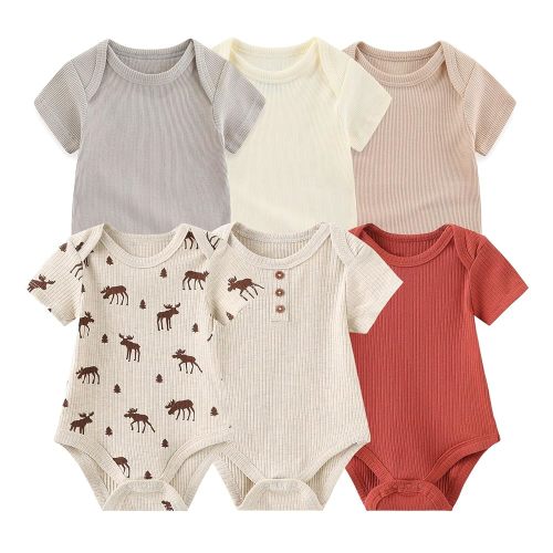 Baby Bodysuit 6 Pack Soft Mixed Ribbed Short Sleeve Romper Infant Boy Girl Clothes Set