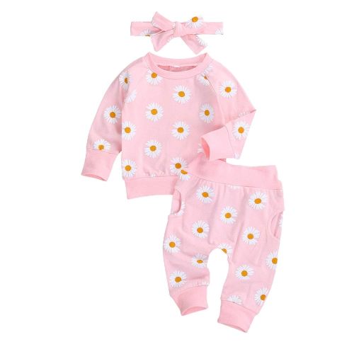 3Pcs Baby Girl Outfits Daisy Sweatshirt + Pants + Headband Infant Fall Winter Clothes