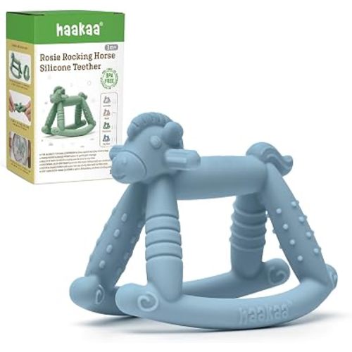 haakaa Rosie Rocking Horse Silicone Teether, Baby Teether Toys with Multiple Textured Surfaces for Gum Massage, Easy to Grip and Chew - Sky Blue