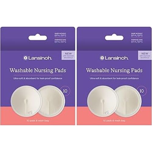 Lansinoh Washable Nursing Pads, Made with Organic Bamboo Viscose, Reusable Breast Pads for Breastfeeding with Wash Bag, Breastfeeding Essentials, 10 Count (Pack of 2)