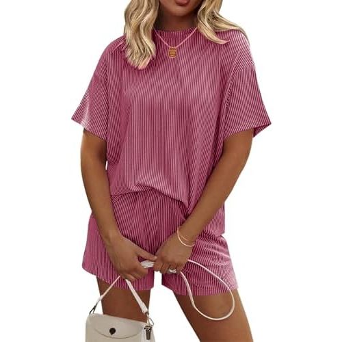 Ekouaer Womens Pajama Sets Short Sleeve Lounge Sets 2 Piece Pjs Tops and Shorts Outfits Matching Loungewear with Pockets