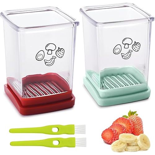 2 Pcs Cup Slicer, Stainless Steel Strawberry Slicer Egg Slicer Banana Slicer Fruit Slicer, Speed Fruit Cutter with Push Plate, Quickly Making Fruit Vegetable Salad, Must Have Kitchen Gadget (Cyan+Red)