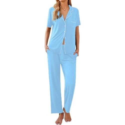 Ekouaer Women Pajamas Set Button Down Sleepwear Short Sleeve Nightwear with Long Pants Soft Pjs Set S-XXL
