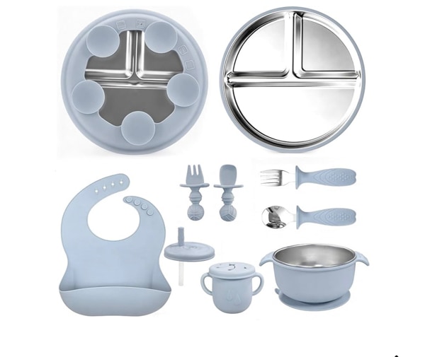 Silicone Baby Feeding Set, Baby Bowls with Suction, Toddler Tableware Set, 3 Compartment Stainless Steel Silicone Bowl & Utensils, Beige : Amazon.com.au: Baby