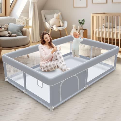 XVISHX Baby Playpen 65 x 50 Inch Play Pen Playards, Playpen for Babies and Toddlers, Baby Playard for Indoor & Outdoor Active Center Game Fence, with Skin-Friendly Fabric and Soft Breathable Mesh Grey