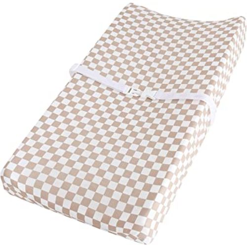 LifeTree Diaper Changing Pad Cover for Boys Girls - Soft Muslin Fitted Changing Table Sheets - 16"x32" Viscose from Bamboo Cotton Blend - Tan Checkered Print