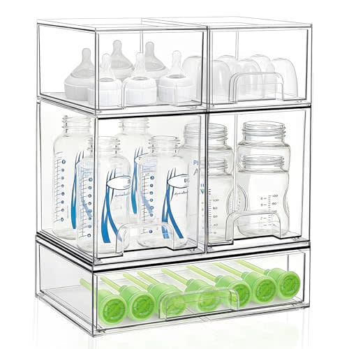 Bottle Storage Organizer Baby: Acrylic Stackable Storage Drawers | Clear Bottles Station Organizer for Countertop, Vanity, Bathroom, Cabinet Organization - 5 Pack