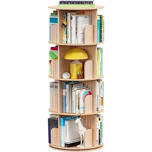 Rotating Bookshelf, 4 Tier 360 Display Solid Wood Spinning Bookcase Storage Rack, Floor Standing Revolving Book Shelf Organizer for Adults&Kids