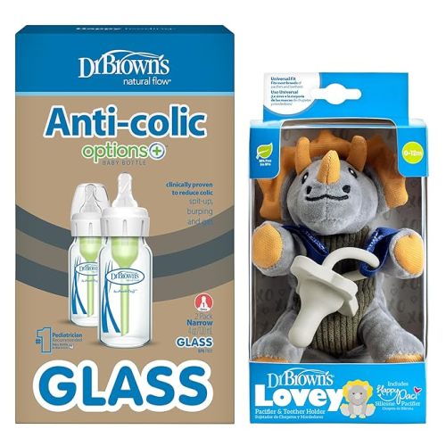 Dr. Brown's Natural Flow Options+ Anti-Colic Glass Baby Bottles, 4oz 2-Pack and Lovey Pacifier and Teether Holder, Soft Triceratops, 100% Silicone HappiPaci, 0+ Months