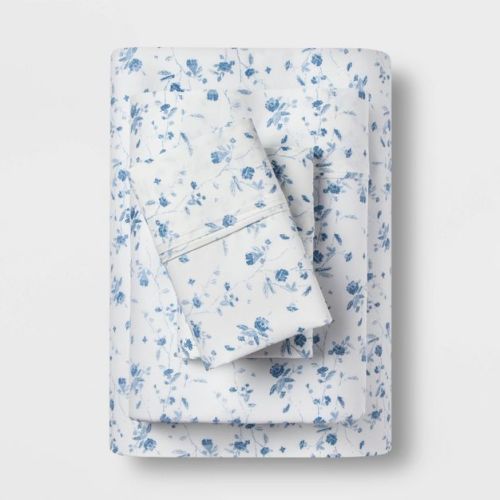 King Printed Performance 400 Thread Count Sheet Set White/Blue Floral - Threshold™: Cotton Sateen, Deep Pockets, OEKO-TEX Certified