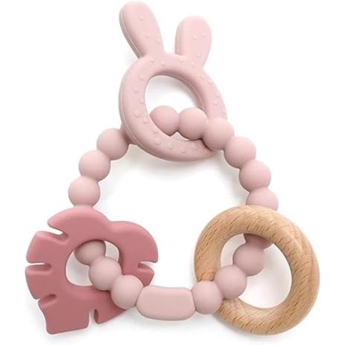 | Bohemian Teether | Baby Teether | Sensory Exploration and Teething Relief | 100% Food-Grade Silicone Teether Toy | BPA Free | Chewbeads | Silicone with Beechwood Ring | (Pink)