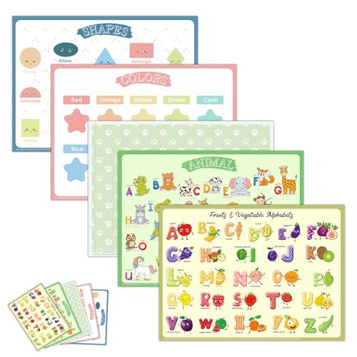 Disposable Placemats for Baby & Toddlers – Sticky Table Mats for Restaurants, Dining Table, Preschool & Parties – 5 Fun Designs Animal, Fruit, Alphabet, Star & Shape – 60-Pack, 12x16 Inches