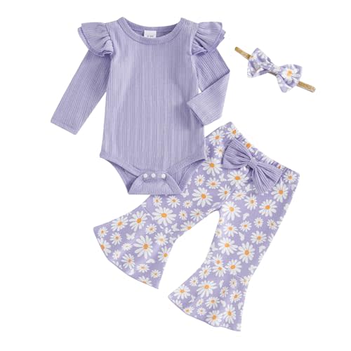 Newborn Baby Girl Fall Winter Outfits Ribbed Long Sleeve Romper Daisy Print Flared Pants Headband Set 0-18 Months