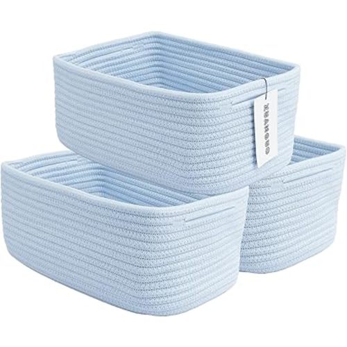 Small Woven Storage Baskets 12“X8”X5“ Decorative Rope Bins for Organizing Shelves, Closets, and Toys, Empty Gift Baskets, Cute Organizer Basket for Home and Office (blue, regular)