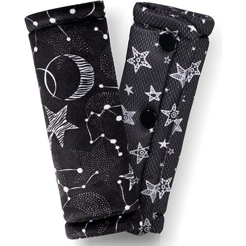 2 Pack Car Seat Belt Covers for Baby Kids, Reversible Soft Car Seat Shoulder Strap Pads, Seatbelt Cushion, Neck Strap Covers for Stroller, Carrier, Pushchair (Black Star)