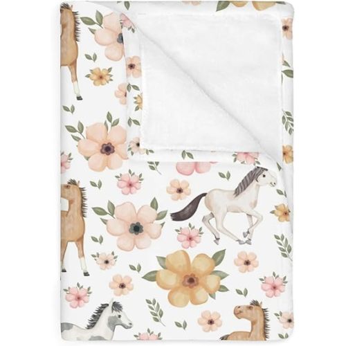 Watercolor Horse Floral Baby Blankets for Boy Girl Running Horses Boho Flowers Soft Flannel Swaddle Receiving Blankets for Infant Toddler Crib Wild Horse Lovers Nursery Bed Blankets Playmat 30x40inch