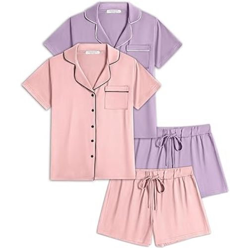 Ekouaer 2 Pack Womens Pajamas Set Button Down Summer Sleepwear Short Sleeve Comfy Pjs Loungewear Set