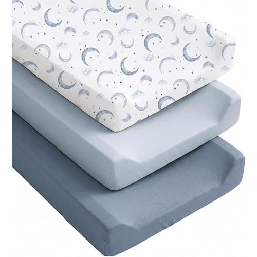 Konssy Silky Soft Changing Pad Cover 3 Pack, Ultra-Stretchy Diaper Changing Table Sheets, Breathable Snug Fit for Standard 32" x 16" Contoured Pads, Boho Neutral Sheets for Boys & Girls (Blue Moon)