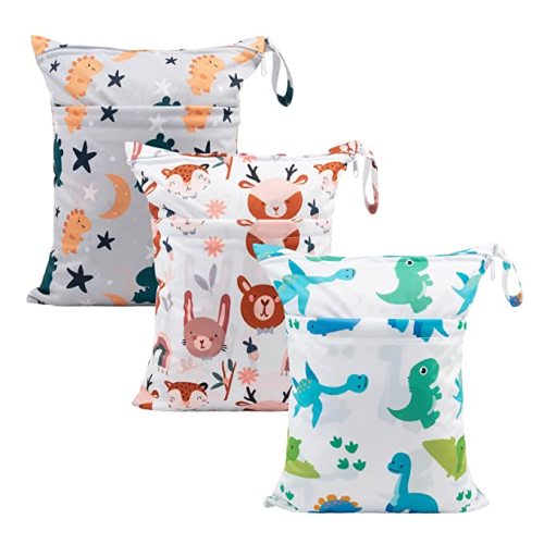 babygoal Wet Dry Bags for Baby Cloth Diapers, Washable Travel Bags, Beach, Pool, Gym Bag for Swimsuits & Wet Clothes with Two Zippered Pockets 3 Pack, 3LN23 - Animal world