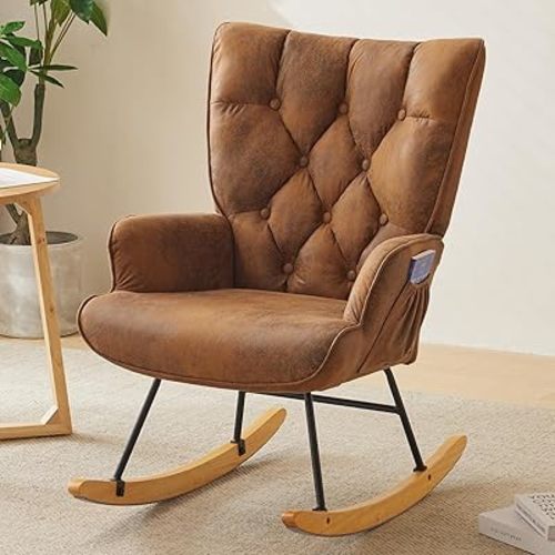 Karl home Rocking Chair Nursery Velvet Glider Rocker with High Backrest Accent Rocking Armchair with Side Pockets for Living Room, Bedroom, Nursery, Home Office, Brown