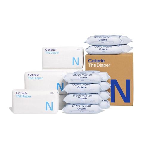 Coterie Baby Wipes + Diapers Kit, Size Newborn Diapers (186 Count) & 12 Pack (672 Count) Baby Wipes with 99% Water, Plant Based Materials, Hypoallergenic for Sensitive Skin