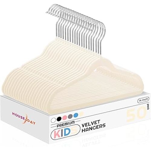 HOUSE DAY 14 Inch Kids Velvet Hangers 50 Pack, Durable Big Kid Hangers for Youth, Non Slip Kids Felt Hanger, Cute Childrens Hanger for Closet, Beige