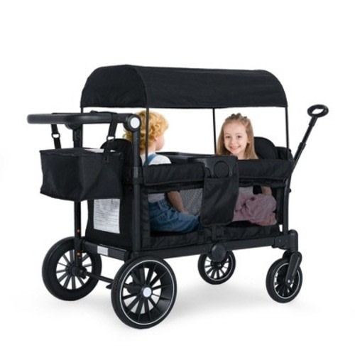 Kinder King 2-Seat Wagon Stroller, All-Terrain Foldable Stroller Wagon for Toddlers with Canopy, Snack Tray & Push/Pull Bar, Black