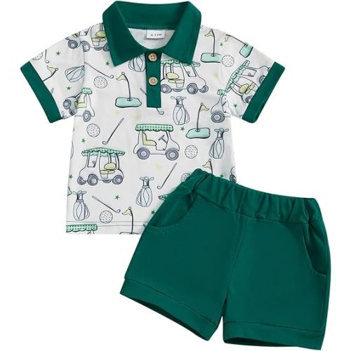 2Pcs Toddler Baby Boys Golf Outfit Short Sleeve Golf Cart Print Polo T-shirt Elastic Shorts Infant Summer Shorts Set