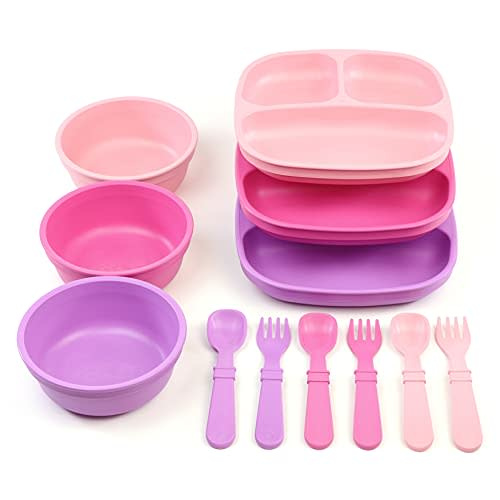 Re-Play 3 Divided Toddler Plates, 3 Utensils Set and 3 Wide Base Bowls - Dishwasher and Microwave Safe - Made in USA - Princess