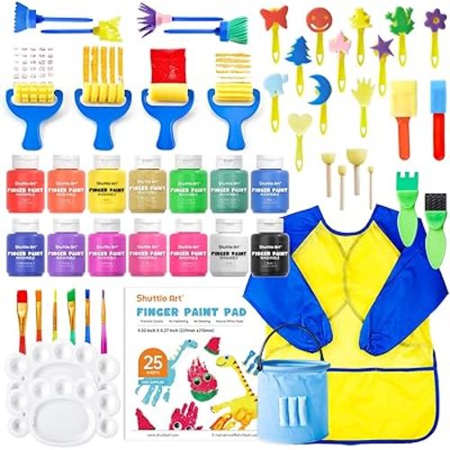 Shuttle Art Washable Kids Paint Set - 53 Pack with 14 Colors (60ml), Brushes, Finger Paint Pad, Sponge, Palette, Smock, Non-Toxic for Toddlers
