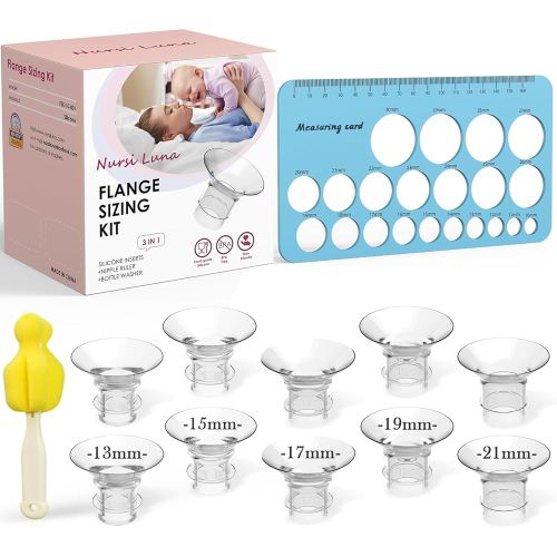 Flange Sizing Kit 3 in 1 with 10PCS Flange Inserts 13/15/17/19/21mm, Silicone Breast Pump Flanges Insert Kit for 24mm Electric Breast Pump, Pumping Breastfeeding Essentials Kit for New Mom