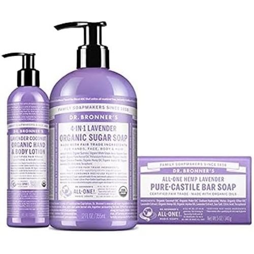 Dr. Bronner's 3-Piece Organic Lavender Gift Set - 1 Sugar Pump Soap 12-Ounces, 1 Body Lotion, 1 Castile Bar Soap