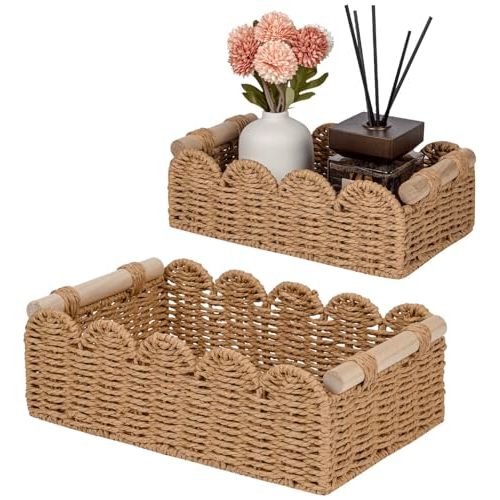 CubesLand Paper Rope Scalloped Edge Decor Baskets for Home, Living Room, Bedroom, Toilet Basket for Over Toilet Storage Shelf, End Table, Shelves and More, Both Storage&Decor, Set 2 Neutral