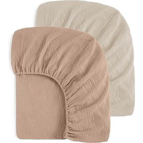 Muslin Crib Sheets for Girl Boy, 100% Cotton Baby Crib Sheets for Standard Crib and Toddler Mattress 52"x28", 2 Pack Soft Breathable Fitted Crib Mattress Sheet, Beige & Bown