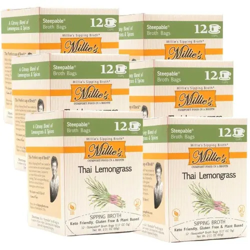 MILLIE'S THAI LEMONGRASS SIPPING BROTH | Vegetable Broth with Savory Seasonings for Snack Urges | Vegan, Keto, Gluten Free, Intermittent Fasting, and natural | (6 Pack - 72 Broth Bags Total)