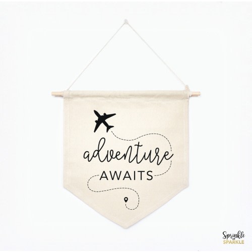 Adventure Awaits Banner, Airplane World theme Canvas Banner, Nursery Wall Art, Kids Room Wall Decor, Custom Canvas Banner, Boys Girls Room