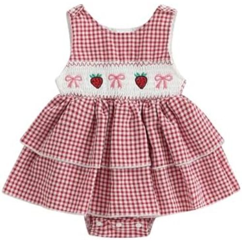 Baby Girl Tank Romper Dress Fruit Print Watermelon Sleeveless Smocked Dress Cherry Embroidery Bodysuit Summer Outfit